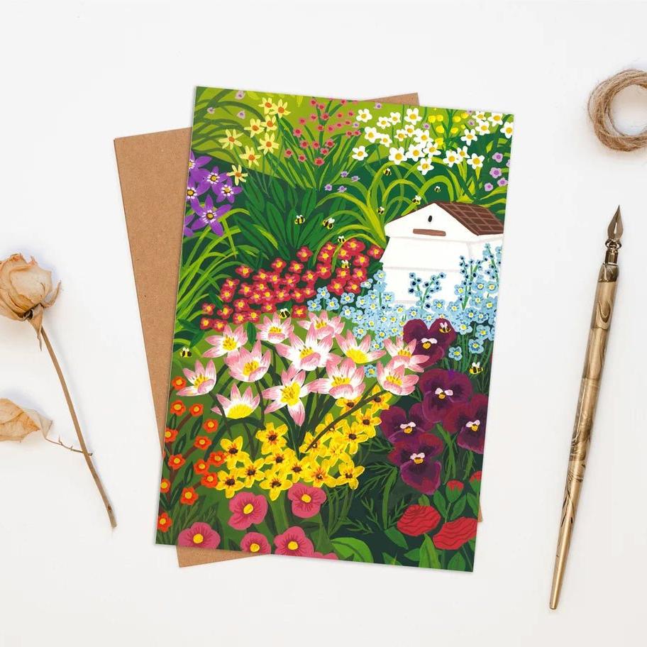Illustrated Bee Garden Greetings Card - Bumble Bee Flower Garden Greeting Card - Uneeka